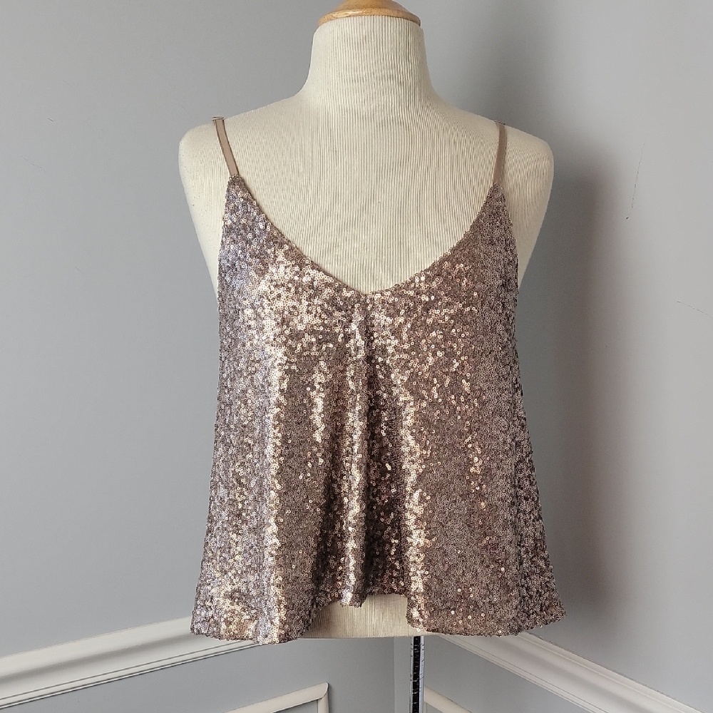 TOBI Matte Metallic Sequin V Neck Plunge Back Party Holiday Sleeveless Cami Top‎